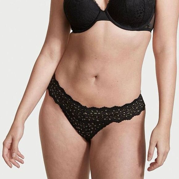 NWT (XXL) Victoria’s Secret Sparkly Black Lace Thong Panty Gold Shimmer Animal P - Picture 2 of 6